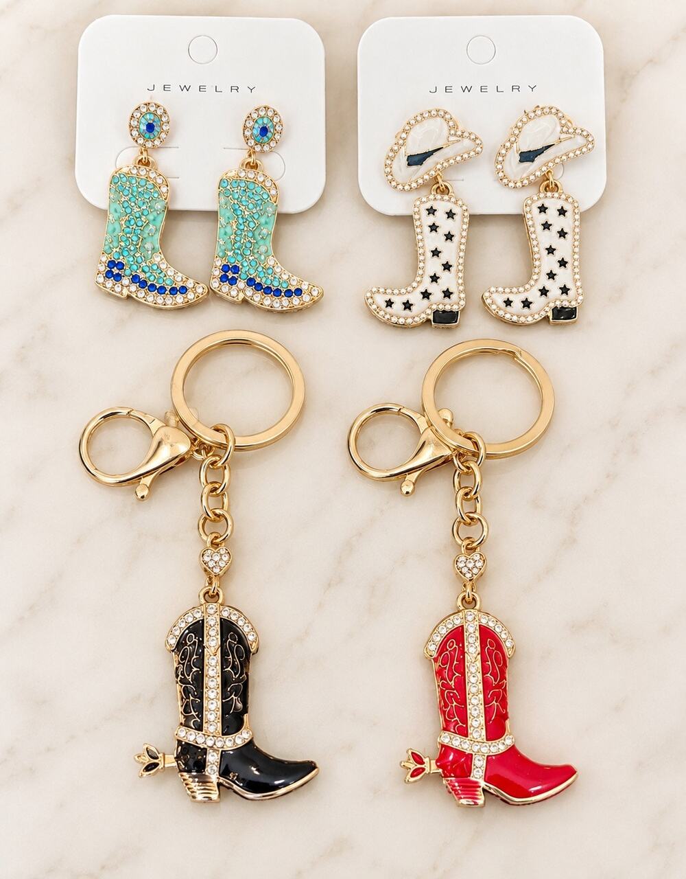 4 Western Cowgirl Boot earring Bag Charm Set black turquoise bling gift bundle